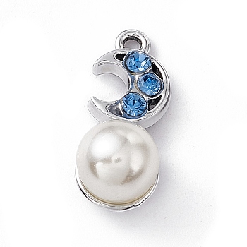 Alloy Rhinestone Pendants, with ABS Imitation Pearl Beads, Moon Charm, Platinum, Sapphire, 19x8x8.5mm, Hole: 1.4mm
