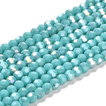 Opaque Glass Beads Stands, AB Color, Faceted(32 Facets), Round, Dark Turquoise, 4.5x4mm, Hole: 1mm, about 87~93pcs/strand, 32~33cm