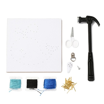 Whale Pattern DIY String Arts Kit Set, Including Hammer, Wooden Board, Plastic Holder Accessories, Alloy Nails & Screws, Scissor, Polyester Thread, 15x15x0.85cm