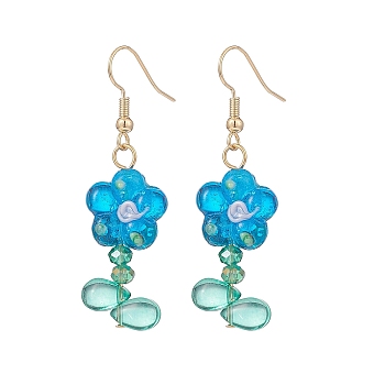 Lampwork Flower & Glass Flower of Life Dangle Earrings, Brass Long Drop Earrings for Women, Dodger Blue, 50mm, Pin: 0.8mm