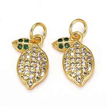 Brass Micro Pave Cubic Zirconia Charms, with Jump Rings, Long-Lasting Plated, Lemon, Lemon Chiffon, Golden, 14x10x3mm, Hole: 1.5mm