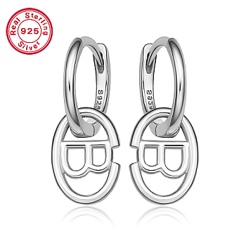 Rhodium Plated Platinum 925 Sterling Silver Hoop Earrings, Initial Letter Drop Earrings, with S925 Stamp, Letter B, 20x8.5mm