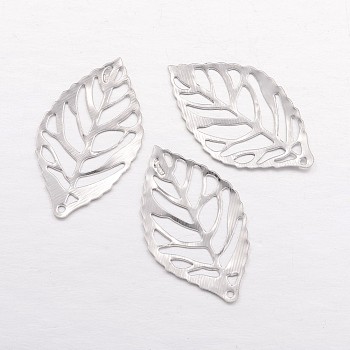 Iron Filigree Pendants, Leaf, Platinum, 23x13x1mm, Hole: 0.5mm