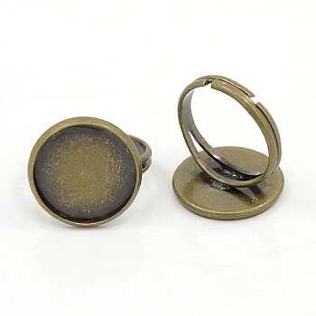 Antique Bronze Brass Adjustable Finger Ring Components, Pad Ring Bases Perfect for Cabochons, Size: Ring: about 17mm inner diameter, Round Tray: about 18mm in diameter, 16mm inner diameter
