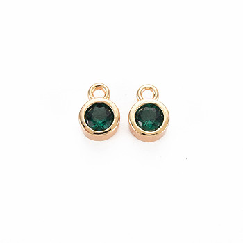 Brass Charms, with Rhinestone, Nickel Free, Real 18K Gold Plated, Flat Round, Emerald, 8x5x3mm, Hole: 1.4mm
