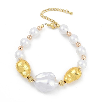 Rack Plating Brass Beaded Bracelets, with ABS Imitation Pearl Beads, Cadmium Free & Lead Free, Long-Lasting Plated, Real 18K Gold Plated, Peanut, 7.48 inch(19cm)