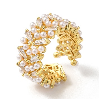 Rack Plating Brass Micro Pave Clear Cubic Zirconia Open Cuff Rings, with ABS Imitation Pearl, Real 18K Gold Plated, US Size 6 1/2(16.9mm)