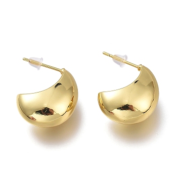 Brass Half Hoop Earrings, Crescent Moon Earrings, with Steel Pin and Plastic Ear Nuts, Long-Lasting Plated, Real 18K Gold Plated, 19.7x16.5x9mm, Pin: 0.7mm