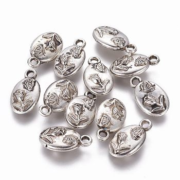 CCB Plastic Pendants, Oval Carved Flower and Butterfly, Antique Silver, 19x11x4mm, Hole: 2mm