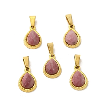 Natural Rhodonite Faceted Teardrop Charms, with Golden Tone 304 Stainless Steel Snap on Bails, 14x9.5x4mm, Hole: 6x3mm