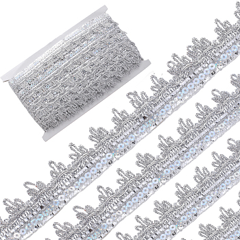 Sparkle Metallic Sequin Lace Trim, Single Edge with Waved Trimming, Silver, 1-1/4 inch(31mm), about 14.22 Yards(13m)/Card