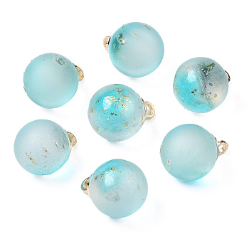 Two Tone Transparent Spray Painted Glass Pendants, with Light Gold Plated Brass Loop, Frosted, with Glitter Powder, Round, Sky Blue, 14x10mm, Hole: 2mm