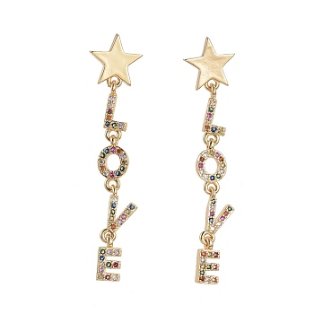 Brass Micro Pave Cubic Zirconia Dangle Stud Earrings, Star and Love, Golden, Colorful, 49mm, Pin: 0.7mm