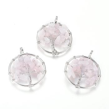 Natural Rose Quartz Pendants, with Brass Findings, Flat Round with Tree of Life, Platinum, 29x5~7mm, Hole: 4.5mm