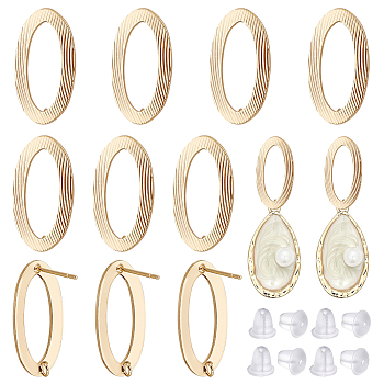 12Pcs Brass Hollow Out Oval Stud Earring Findings, with Vertical Loops, Nickel Free, with 30Pcs Plastic Ear Nuts, Real 18K Gold Plated, 25x13.5mm, Hole: 2mm, Pin: 0.7mm