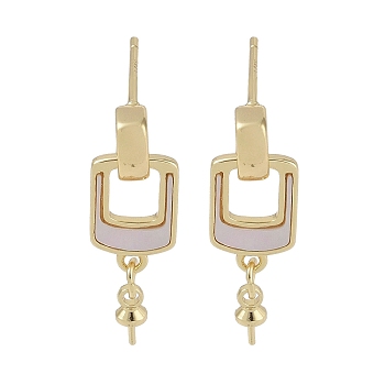 Brass with Shell Stud Earring Findings, with 925 Sterling Silver Pin, Rectangle, Real 18K Gold Plated, 23x7.5mm, Pin: 11.5x0.7mm & 2.7x0.6mm