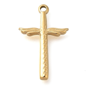 304 Stainless Steel Pendants, Cross with Wing Charm, Real 14K Gold Plated, 19x11.5x2mm, Hole: 1.2mm