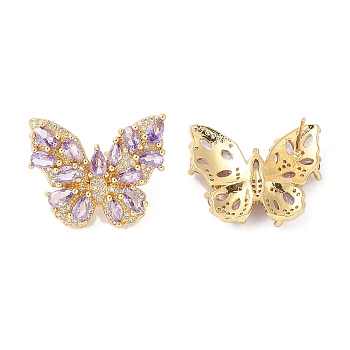 Rack Plating Brass with Cubic Zirconia Stud Earrings for Women, Cadmium Free & Lead Free, Long-Lasting Plated, Real 18K Gold Plated, Butterfly, Lilac, 20x25mm