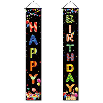 Hanging Polyester Sign for Home Office Front Door Porch Welcome Decorations, Rectangle with Word Happy Birthday, Birthday Themed Pattern, 180x30cm, 2pcs/set