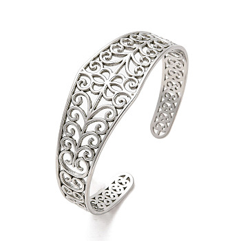 Hollow Out 304 Stainless Steel Flower Pattern Cuff Bangles, Stainless Steel Color, Inner Diameter: 2-1/4 inch(5.6cm)