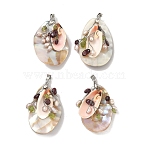 Natural Shell & Pearl & Peridot Big Pendants, Oval Charms with Brass Snap on Bails, Platinum, Seashell Color, 52~56x28~34x12~14mm, Hole: 5x3mm(KK-XCP0002-18)