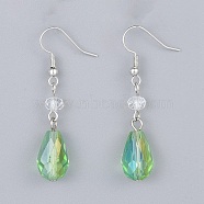 Electroplate Glass Dangle Earrings, with Brass Earring Hooks, Lime Green, 47~50mm, Pin: 0.6mm (EJEW-JE03176-03)