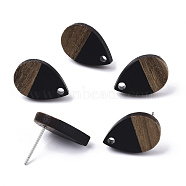 Resin & Walnut Wood Stud Earring Findings, with 304 Stainless Steel Pin, Teardrop, Black, 17x11mm, Hole: 1.8mm, Pin: 0.7mm(X-MAK-N032-002A-B01)