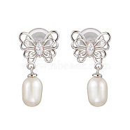 Natural Pearl Ear Studs, with Sterling Silver Micro Pave Clear Cubic Zirconia Findings, Butterfly & Oval, Platinum, 21x12mm(EJEW-P286-07P)