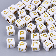 Plating Acrylic Beads, Horizontal Hole, Golden Metal Enlaced, Alphabet Style, Cube, Letter.P, 5.5~6x5.5~6x5.5~6mm, Hole: 3.5mm, about 3000pcs/500g(SACR-S297-09P)