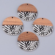 Resin & Walnut Wood Pendants, Two Tone, Flat Round with Leaf, Black, 35x2~3mm, Hole: 2mm(X-RESI-R428-09)