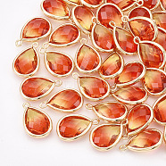 Glass Pendants, with Golden Tone Brass Findings, Faceted, teardrop, Orange Red, 19x12x6mm, Hole: 1~1.5mm(X-GLAA-Q068-11A-12)