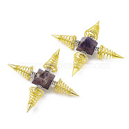 Golden Brass Spritual Energy Generator, with Natural Amethyst Pyramid and Conductive Coils, for Body Healing, Reiki Balancing Chakras, Aura Cleansing, Protection, Darts, 113.5x113.5x32mm(DJEW-P003-01G-04)