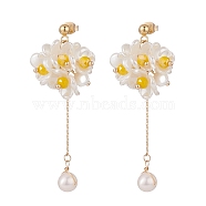 Plastic Pearl Cluster Flower with Long Tassel Dangle Stud Earrings, Gold Plated 304 Stainless Steel Jewelry for Women, White, 60mm, Pin: 0.8mm(EJEW-TA00119)