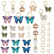 Alloy Pendants, with Enamel, Brass Jump Rings and 304 Stainless Steel Open Jump Rings, Butterfly, for Hair Styling Tool, Mixed Color, 11~15.5x13.5~22x2~3mm, Hole: 1.5~1.8mm(FIND-SC0006-27)