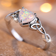 Alloy Finger Rings, with Brass Micro Pave Cubic Zirconia and Opal Finding, Heart, US Size 8(18.1mm)(FS-WGB42E9-23)