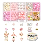 DIY Cute Stretch Bracelet Making Kit, Including Imitation Pearl & Candy Acrylic Beads, Rabbit & Sakura & Strawberry & Whale Tail & Diamond Alloy Enamel Pendants, Pink, 6mm, Hole: 2mm(DIY-YW0005-77B)