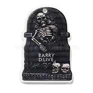Halloween Themed Opaque Acrylic Pendants, Tombstone with Skeleton Charms, Black, 37.5~38x23.5~25.5x2~5mm, Hole: 2mm(SACR-L004-04E)