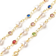 Brass Glass Flat Round Link Chains, with ABS Heart Beaded, Long-Lasting Plated, Soldered, with Spool, Colorful, 10x5x2mm, 14~15x6x4mm(CHC-E024-13G)