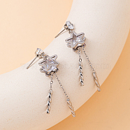 Elegant Stainless Steel & Clear Cubic Zirconia Star Tassel Stud Earrings, Cute and Trendy, Platinum, 60mm(FR2560-2)