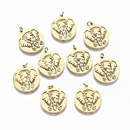 304 Stainless Steel Pendants, Laser Cut, with Jump Rings, Flat Round with Elephant, Real 18K Gold Plated, 15.5x14x1mm, Jump Ring: 3x0.4mm, 2.2mm inner diameter(STAS-S116-041G)