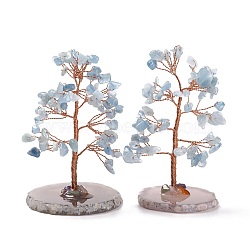 Natural Aquamarine Chips & Agate Pedestal Display Decorations, with Brass Finding, Tree, Cadmium Free & Lead Free, 59~70x47~65x100~114mm(DJEW-A001-04H)