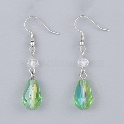 Electroplate Glass Dangle Earrings, with Brass Earring Hooks, Lime Green, 47~50mm, Pin: 0.6mm (EJEW-JE03176-03)