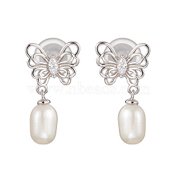 Natural Pearl Ear Studs, with Sterling Silver Micro Pave Clear Cubic Zirconia Findings, Butterfly & Oval, Platinum, 21x12mm(EJEW-P286-07P)