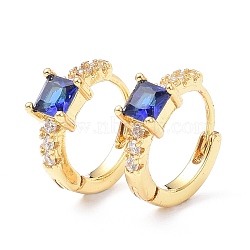 Brass Inlaid Cubic Zirconia Hoop Earrings, Real 18K Gold Plated, Square, Cadmium Free & Lead Free, Blue, 15x13x5mm, Pin: 1mm(ZIRC-P090-16G-C)