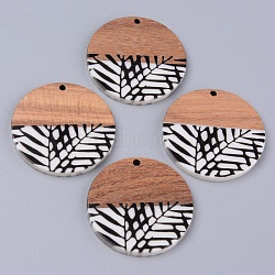 Resin & Walnut Wood Pendants, Two Tone, Flat Round with Leaf, Black, 35x2~3mm, Hole: 2mm(X-RESI-R428-09)