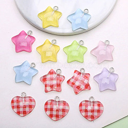 Transparent Resin Pendants, Heart/Star, with Platinum Iron Loop & Glitter Powder, Mixed Color, 20~23x20.5~21x6.5mm, Hole: 2mm(RESI-I350-06)