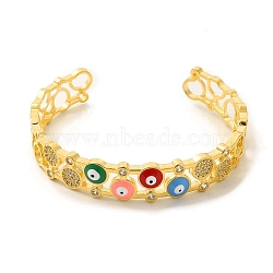 Colorful Enamel Evil Eye Open Cuff Bangle with Cubic Zirconia, Brass Jewelry for Women, Golden, Inner Diameter: 1-7/8x2-1/4 inch(4.85x5.85cm)(BJEW-A136-05G)