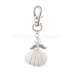 Angel Alloy & Wire Wrapped Natural Shell Pendant Decorations, Swivel Clasps Charms for Bag Ornaments, Antique Silver & Platinum, 73mm(HJEW-JM02017-01)