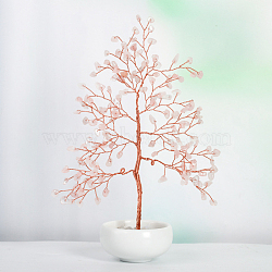 Undyed Natural Rose Quartz Chips Tree of Life Display Decorations, with Porcelain Bowls, Copper Wire Wrapped Feng Shui Ornament for Fortune, 145x205mm(TREE-PW0001-23A)
