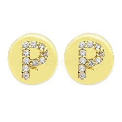 Brass Micro Pave Clear Cubic Zirconia Beads, Flat Round with Letter, Letter.P, 7.5x6.5mm, Hole: 3.5mm, 3pcs/bag(KK-T030-LA843-PX3)